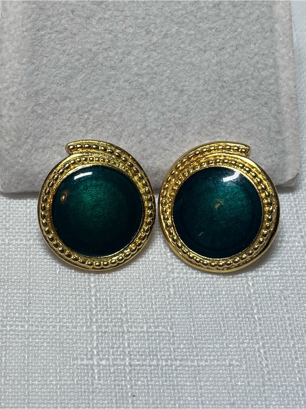Vintage TRIFARI Gold-Tone Green Disc Pierced Earrings